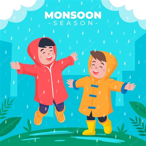 Premium Vector | Flat monsoon season illustration with kids enjoying ...