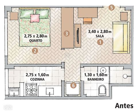 Ambientes integrados marcam quitinete de apenas 28 m² Ev planı Ev