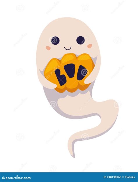 Kawaii Ghost With Pumpkin For Halloween Stock Vector Illustration Of