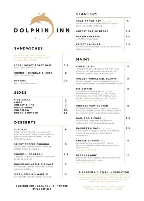 Menu At Dolphin Inn Pub And Bar Grampound With Creed Fore St