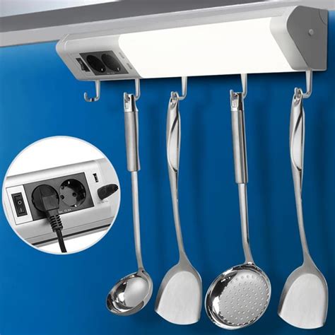 Lampada Luce Sottopensile Cucina Con 5 Ganci Portastoviglie 2 Prese