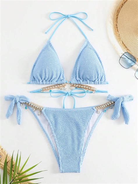 SHEIN Swim Bañador bikini triángulo halter vinculado con cadena Moda