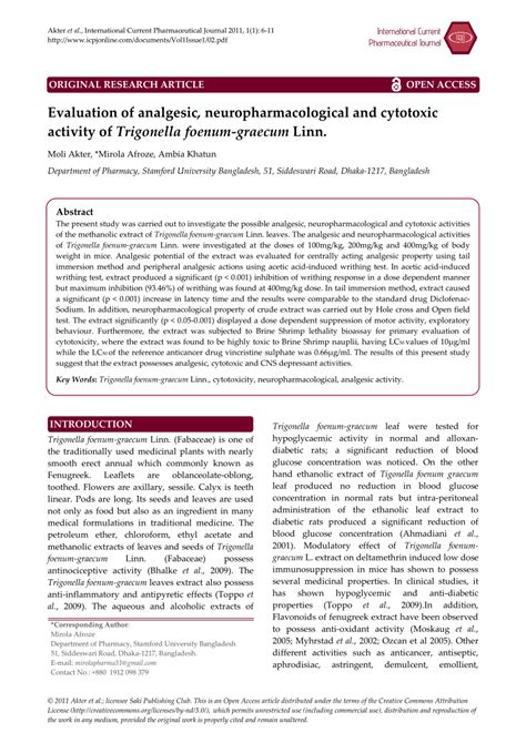 PDF Evaluation Of Analgesic Neuropharmacological And Cytotoxic