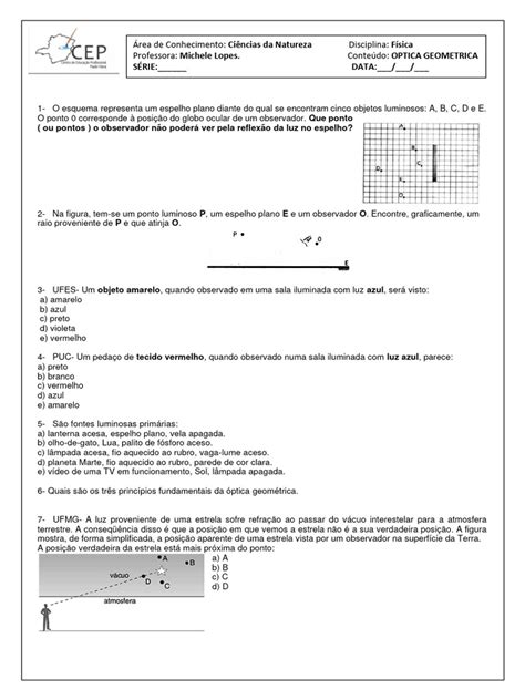 2° Ano Atividades Optica 2 Pdf Espelho Ótica