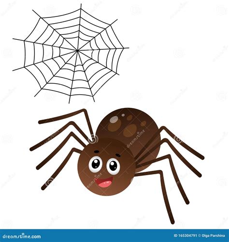 Color Image of Cartoon Spider with Web on White Background. Vector ...