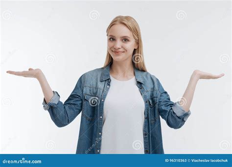 Joyful Young Woman Holding Arms Bent In Elbows Stock Image Image Of