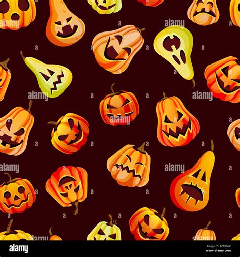 Halloween Spooky Emotion Pumpkins Seamless Pattern Vector Flat Cartoon