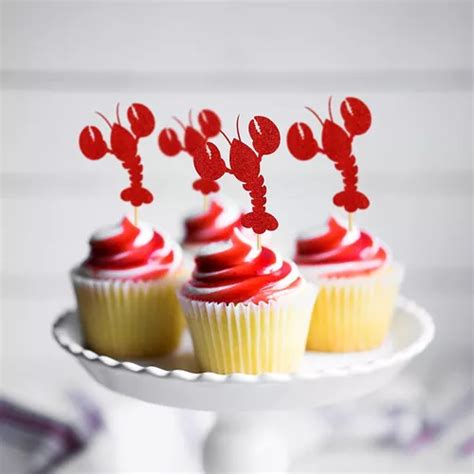 Ercadio Pack Crawfish Cupcake Toppers Red Glitter Lobster Env O Gratis