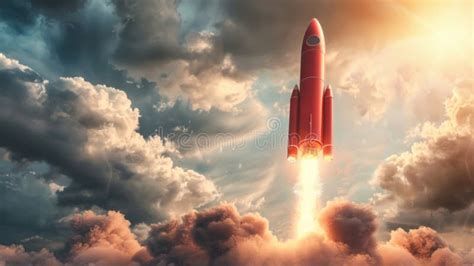 Red Rocket Launching Into Sky Stock Image Image Of Cosmic Mission