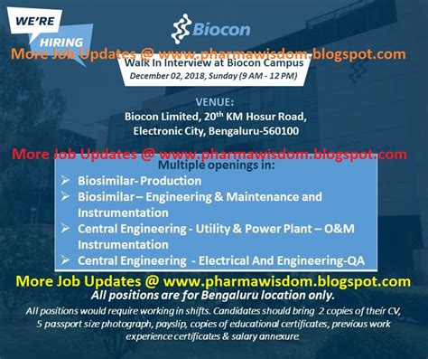 Biocon Limited Walk In Interviews For Multiple Openings On 2nd Dec