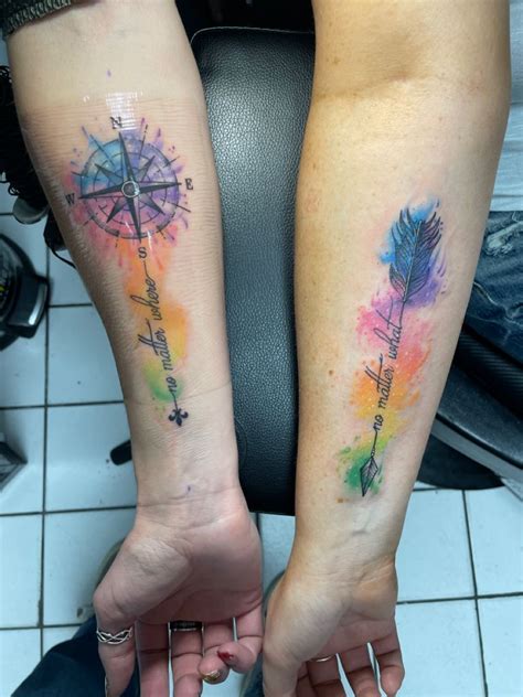 Watercolor Compass And Arrow Bff Tattoo In 2024 Tattoos Cute Matching Tattoos Inspirational