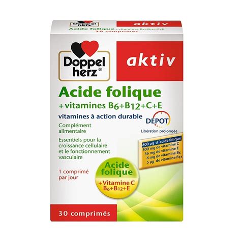 DOPPELHERZ AKTIV Acide folique Vitamines B6 B12 C E 30 comprimés