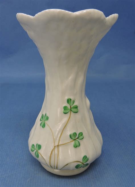 Irish Belleek Black Mark Porcelain Vase Decorated With Shamrocks