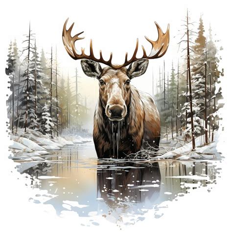 Premium Ai Image Painting Of A Moose Standing In A Pond With Trees In