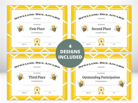 Spelling Bee Award Certificate Printable 4 Pages Including First Place Second Place Third