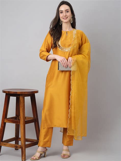 Janasya Indian Women S Mustard Chinon Solid Kurta With Pant And Dupatta