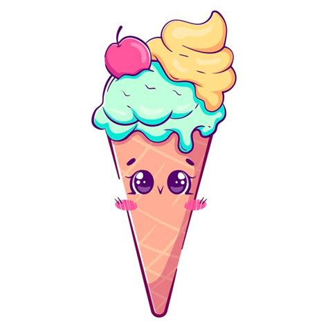 Premium Vector Kawaii Cartoon Doodle Ice Cream In Waffle Cone With Cherry