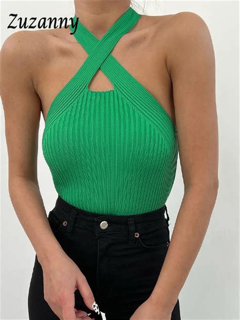 Zuzanny Sexy Off Shoulder Knitted Halter Tops Women 2022 Summer