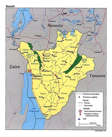 Detailed map of Burundi with administrative divisions, roads, major cities, airports and ports ...