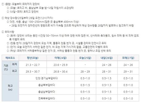 기상청 발표 현재와 오늘의 대전ㆍ세종ㆍ충청남도 날씨예보서산 천안 아산 당진 태안 등 호우경보