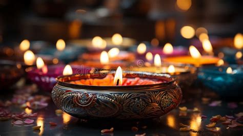 Diwali Festival Decoration with Lighten Candles and Oil Lamps Stock ...