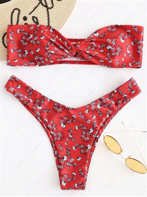 16 OFF 2021 Flower Twisted Bandeau Bikini Set In CRANBERRY ZAFUL