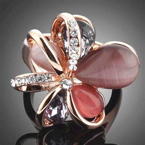 New Selling Korean Jewelry Rings Rose Gold color Cute Flowers Colourful Crystals And Opals Rings ...