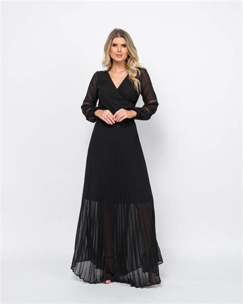 Vestido Longo Plissado em Crepe Expressão Moda Feminina