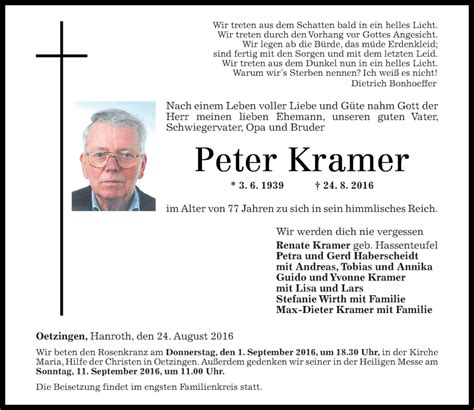 Traueranzeigen Von Peter Kramer Rz Trauer De