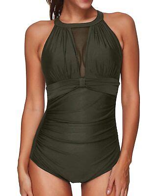 Tempt Me Women One Piece Swimsuit High Neck Plunge Mesh Ruched Monokini