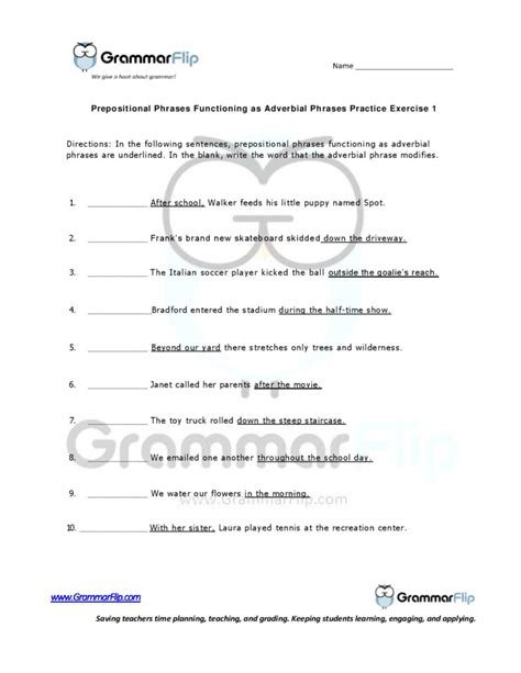 Prepositional Phrases Functioning As Adverb Phrases Free Worksheet