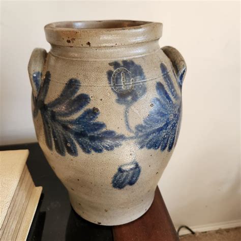 Antique Stoneware Cobalt Blue Decorated Crock 10 With Handles