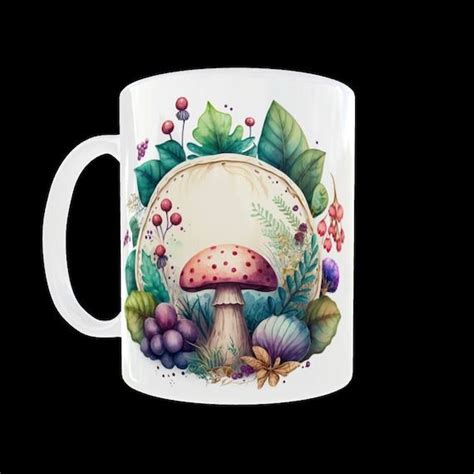 A Coffee Mug With An Image Of A Mushroom And Leaves On The Inside In