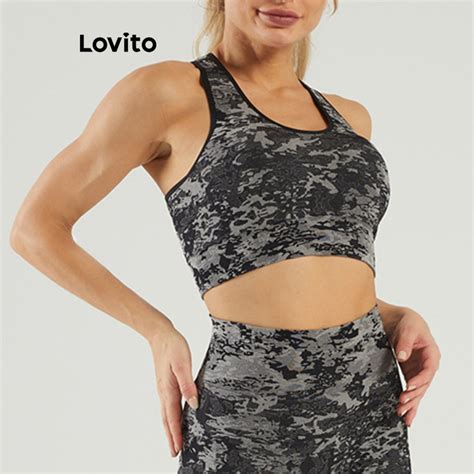 Lovito Women Sporty Camouflage Pattern Sports Bras LNL50038 Shopee