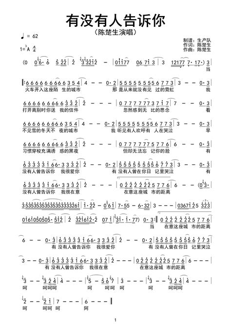 陈楚生《有没有人告诉你》简谱 琴魂网