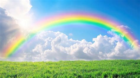 Beautiful Rainbow Arching Over A Lush Green Field With A Bright Blue