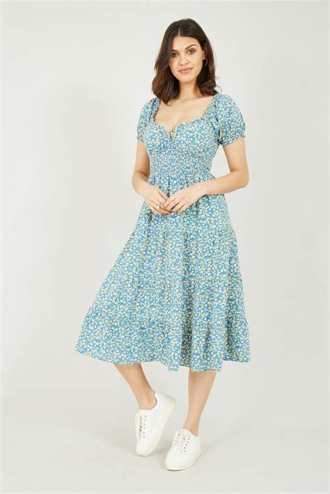 Mela Blue Ditsy Flower Sweetheart Neckline Bardot Dress Mela