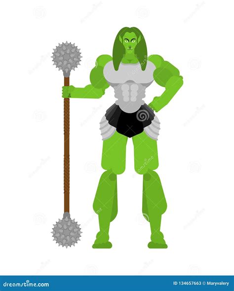 Ogre Female Warrior With Weapon Green Goblin Woman Strong Stock Vector