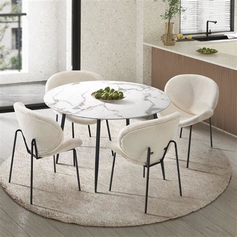 Oikiture 5pcs Dining Sets 110cm Round Table With 4pcs Chairs White Sherpa Big W