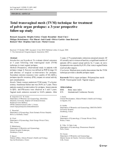 Pdf Total Transvaginal Mesh Tvm Technique For Treatment Of Pelvic Organ Prolapse A 3 Year