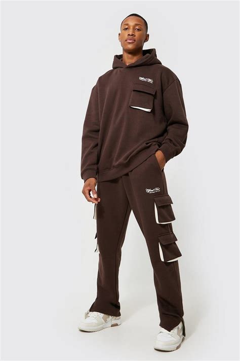 Oversized Official Man Hooded Cargo Tracksuit Boohoo Uk