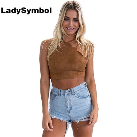 Ladysymbol Summer 2017 Cropped Tank Top Women Vintage Brown Faux Leather Suede Sexy Lace Up