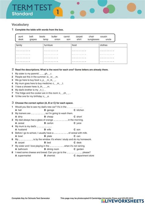 Term Test 1 Ket Worksheet Live Worksheets