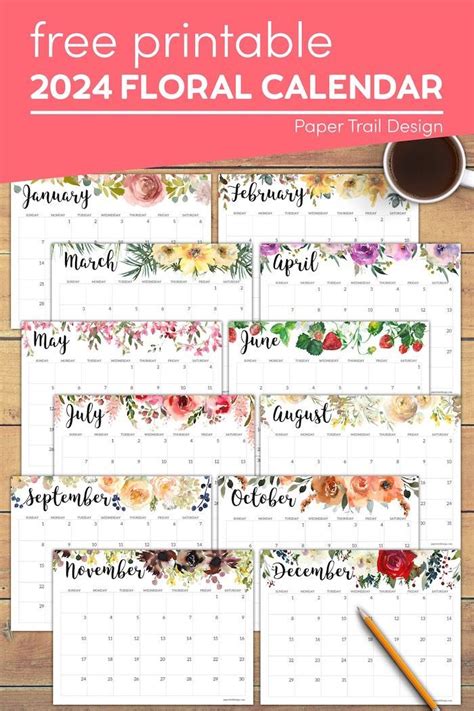 Horizontal Floral Printable Calendar 2024 Paper Trail Design Artofit