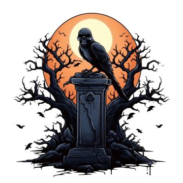 Halloween Raven Cartoon On Grave And Tree Design Holiday And Scary