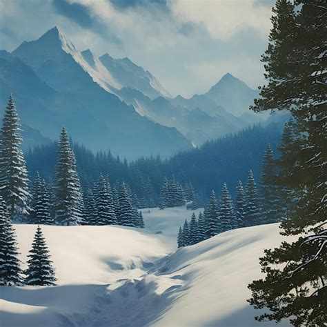 Premium Photo A Painting Of A Snowy Landscape With Mountains In The