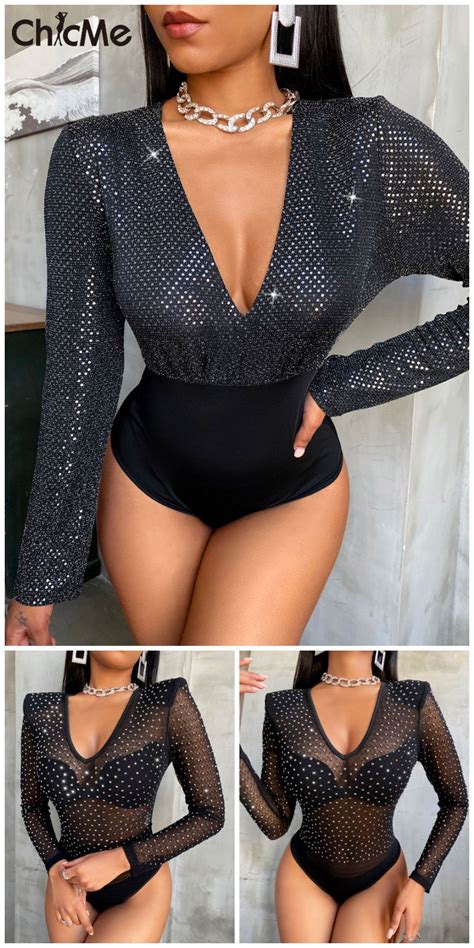 Glitter Plunge Long Sleeve Bodysuit Work Outfits Women Sexy Outfits