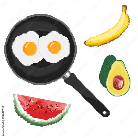 Set Of Cartoon Pixel Food Eggs Avocado Coffee Cakes Hamburger Banana Pixel Art Breakfast