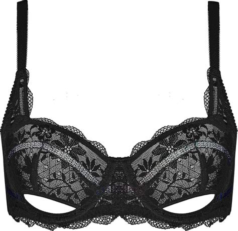 Deyllo Womens Balconette Bra Sexy Shimmer Lace Underwire Bras Unlined 12 Cup Sheer