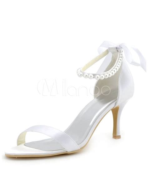 Bow Pearls Bridal Sandals White Satin Wedding Heels For Women Wedding